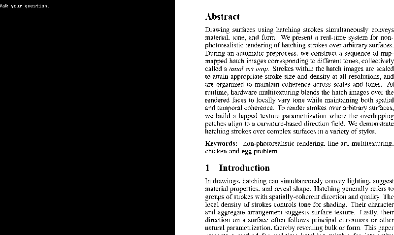 A GIF of the result of this project, showcases inference on an LLM with specific data that's been loaded in from a PDF file